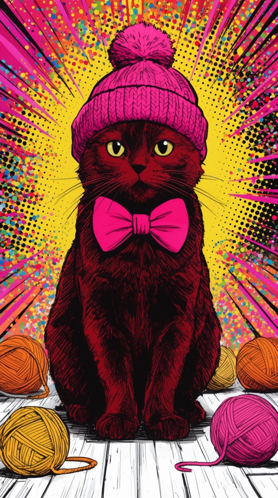 dark red cat sitting on white floorboards, bright pink knit beanie with pom-pom, large pink bow tie, yellow-green eyes, five scattered yarn balls in orange yellow and pink, dynamic pop art background, explosive yellow and black halftone sunburst, magenta action lines, colorful confetti dots, comic book illustration, heavy black crosshatching, bold outlines, vibrant neon palette