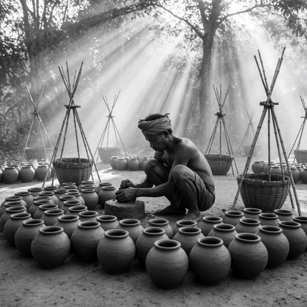 black and white photo, shirtless man in headwrap squatting on dirt crafting clay, surrounded by dozens of round pots, bamboo tripods with baskets, volumetric sunbeams piercing misty trees