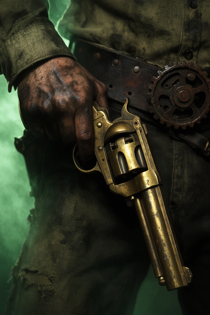 A soot-stained hand grips a heavy brass steampunk revolver. The figure wears an oil-stained olive shirt and a thick leather belt featuring a rusted gear buckle. Glowing green fog backlights the scene, casting deep shadows across worn metal and tattered canvas in a gritty, high-contrast cinematic close-up.