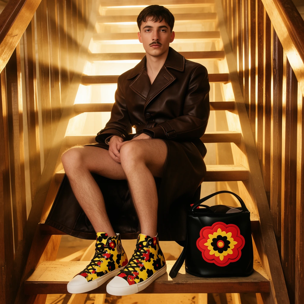 A fashion portrait of a young man with a thin mustache sitting on an open wooden staircase. He wears a heavy dark brown leather trench coat over bare legs. He sports high-top sneakers featuring a bold yellow, black, and red floral pattern with white toe caps. A black bag with a matching large red and yellow floral applique sits on the step beside his foot. The background features bright, warm golden backlighting shining through the wooden stair slats, creating a soft haze and dramatic contrast. Captured from a slightly low angle in an editorial photography style.