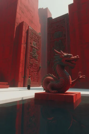 Crimson Surreal Monoliths style reference image — perfect water reflections