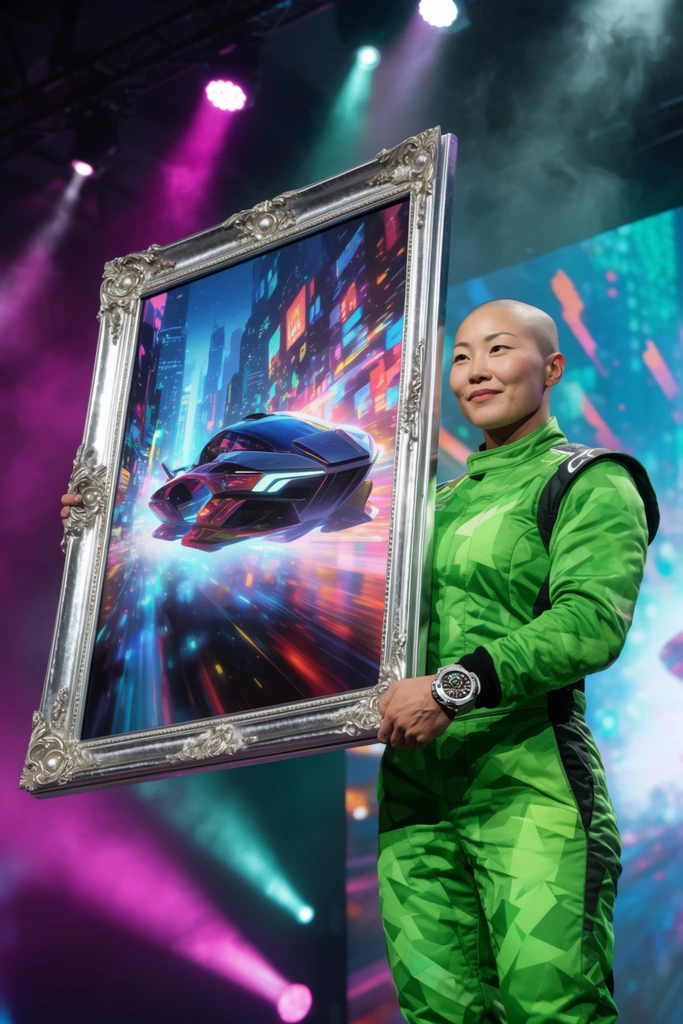 A muscular East Asian woman with a shaved head stands on a brightly lit presentation stage holding a massive, ornate silver picture frame. She wears a vibrant green geometric racing suit and an oversized metal wristwatch. The giant frame encloses a vivid digital artwork of a futuristic hovercraft speeding through a neon-lit city. Sweeping magenta and teal stage spotlights cut through atmospheric fog, backed by a softly blurred LED screen projecting glowing abstract shapes. Dynamic low-angle concert lighting and crisp photography emphasize the grand, celebratory scale of the event.