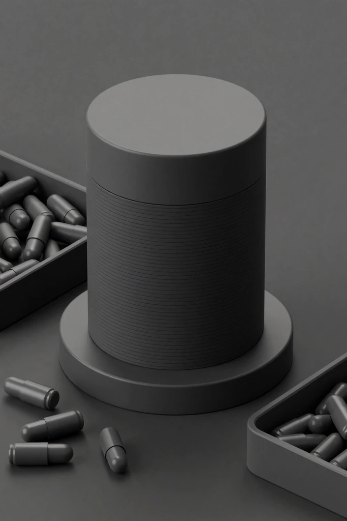 matte dark gray cylindrical canister with horizontal grooves on a circular base, scattered bullet-shaped capsules, rectangular storage trays, monochromatic 3D render, soft diffused studio lighting, minimalist design