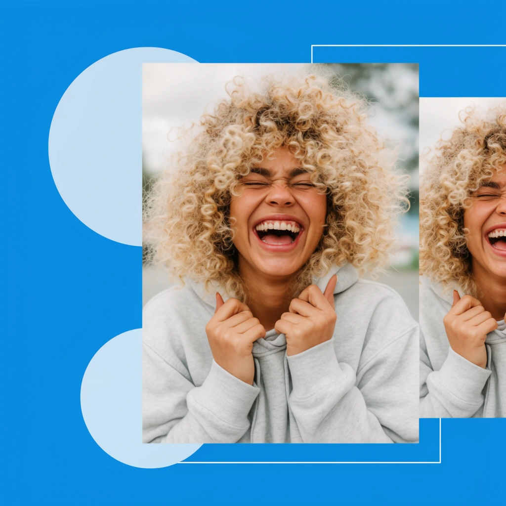 A digital collage on a solid azure background combining pale blue circles, thin white lines, and layered photography. A central rectangular inset portrait features a young woman with voluminous blonde curls laughing exuberantly, her eyes closed and hands clutching the collar of a light grey hoodie. The far right edge contains a vertically cropped sliver of the same portrait, creating a staggered, repeating visual effect beside the main inset.
