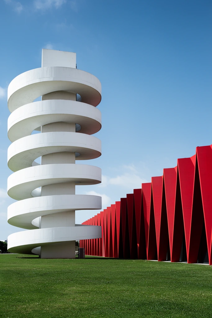 A striking architectural composition features a towering white spiral structure beside a long, vibrant red building with a repeating zig-zag facade. The tall concrete tower is built around a rectangular core, featuring a cantilevered helical ramp wrapping around it to form six continuous horizontal rings. To the right, the low-profile red building displays a geometric chevron pattern creating deep, dark triangular recesses. A flat expanse of bright green grass fills the foreground, contrasting against a clear blue sky dotted with faint white clouds. Crisp, high-contrast architectural photography emphasizes the stark geometric interplay of bright white curves and sharp red angles, with strong sunlight casting distinct shadows beneath the spiral sections and within the deep V-shaped architectural alcoves.