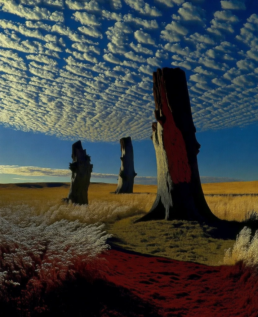 three weathered monolithic tree trunks standing vertically in a vast expanse of wind-swept amber tall grass, low-angle wide perspective, illuminated by harsh directional golden-hour sunlight creating deep chiaroscuro and long obsidian shadows, set against a saturated cerulean sky blanketed by a dense rhythmic pattern of white altocumulus mackerel clouds, hyper-real cinematic surrealism, sharp digital rendering with medium-format film grain, vibrant ochre and indigo color palette.