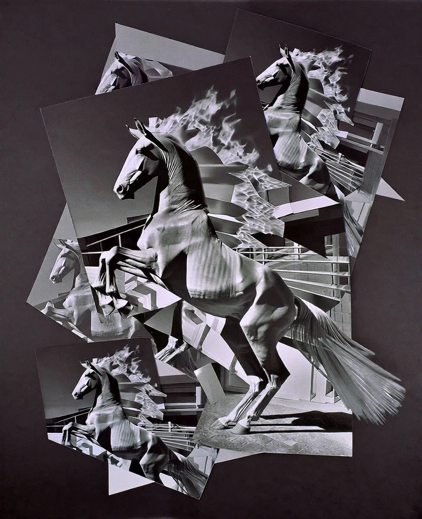 a david hockney-inspired joiner style photomontage, fragmented composition of overlapping black and white photographic prints at disjointed angles, central subject is a majestic horse facing left rearing up, mane and tail rendered as flickering cinematic flames, high contrast monochrome aesthetic, deconstructed cubist perspective, multiple focal points, arranged on a dark void background, sharp edges of individual photographic fragments, dramatic lighting and varying exposures across the frame
