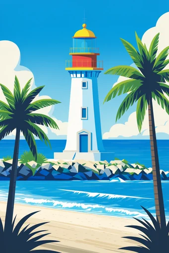 Mid-Century Vector Travelogue style reference image — sharp graphic shadows