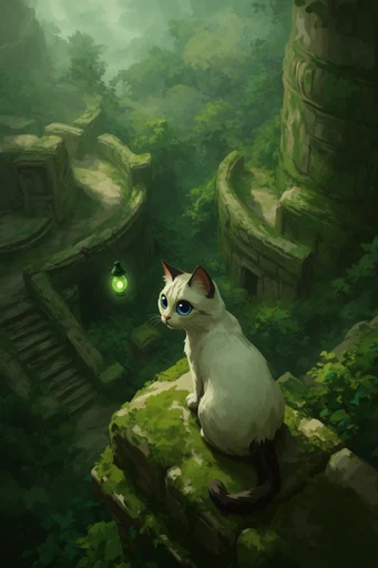 Verdant Relic Odyssey style reference image — vibrant emerald and turquoise palette