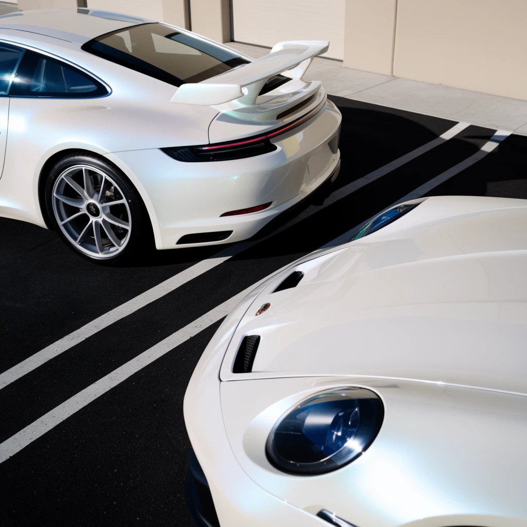 Two aerodynamic white sports cars sit on dark asphalt under harsh, direct sunlight. The upper-left vehicle, viewed from a high rear angle, features a pearlescent finish, a prominent fixed rear wing, sleek horizontal taillights, and multi-spoke alloy wheels. In the lower-right foreground, the closely cropped front of the second car displays a sloping hood with air vents and rounded headlights with dark inner housings. Sharp, deep black shadows stretch across the ground, intersecting stark diagonal white parking lines. A minimalist beige building wall with a closed bay door provides a clean background, emphasizing the glossy, reflective curves and high-contrast geometric interplay of the brightly lit scene.