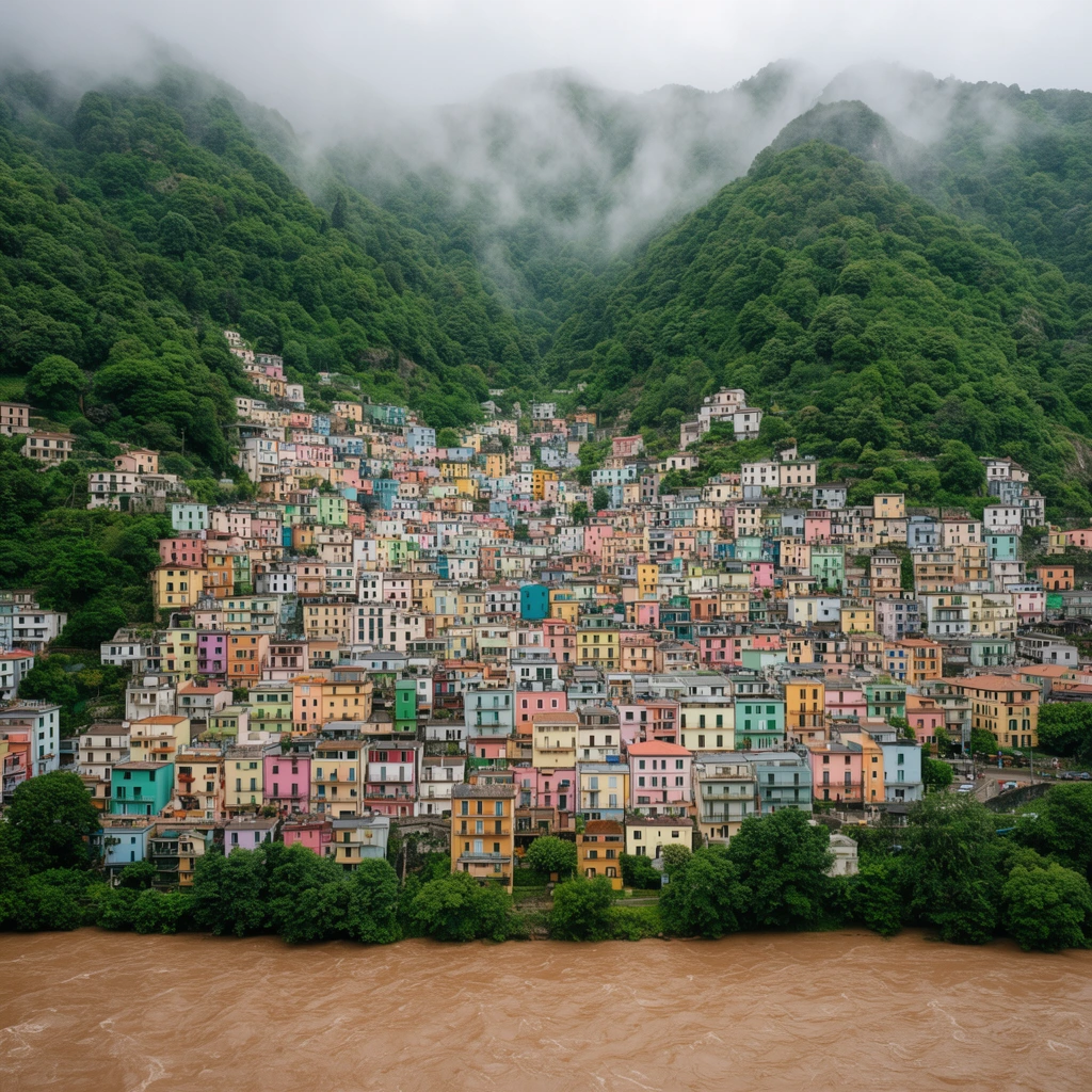 dense colorful hillside town, pastel buildings cascading down a steep lush green mountain, muddy brown river below, mist clinging to peaks, wide elevated landscape photography