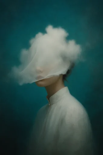 Minimalist Magrittean Dreamscape style reference image — obscured figure