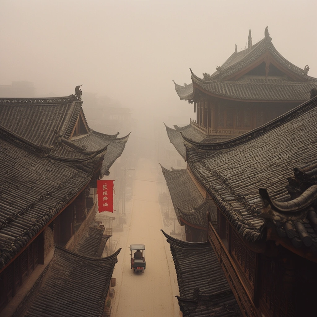 Traditional Asian tiled rooftops with curved eaves, high angle view over misty street, small vehicle on pale road, red banner, dense beige fog, muted overcast lighting