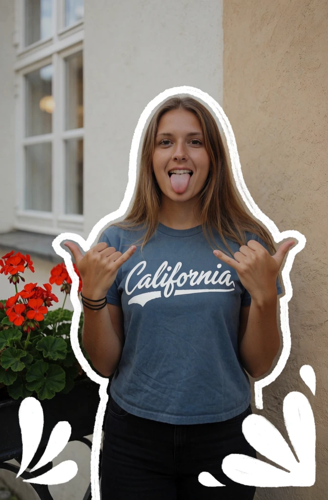 A young woman with long, straight light brown hair stands outdoors, sticking her tongue out playfully while making "shaka" hand signs with both hands at chest level. She wears a blue short-sleeved t-shirt featuring the word "California" in white cursive script underlined by a white swoosh, paired with dark pants. Her right wrist is adorned with thin black bands. A thick, white, hand-drawn outline with a jagged outer edge traces her entire silhouette. In the bottom corners, white digital illustrations of stylized teardrop and floral shapes accent the frame. The woman is positioned against a background consisting of a light-colored wall with a white-framed window on the left and a textured beige wall on the right. To her left, a cluster of vibrant red geraniums grows in a dark planter. The lighting is soft and even across the scene. The camera angle is at eye-level, capturing a medium shot that focuses on her expression and gesture. The overall color palette is composed of muted tones, contrasted by the bright red flowers and the bold white digital overlays.