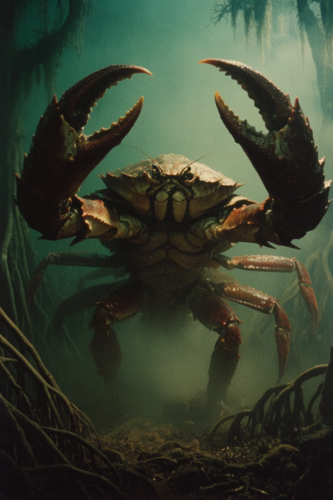 gigantic bipedal armored crustacean monster, towering crab-like beast with massive raised claws, chitinous plated head, dense foggy swamp environment, giant mangrove roots, heavy atmospheric mist, vintage 35mm film still, grainy texture, dramatic emerald lighting, deep shadows