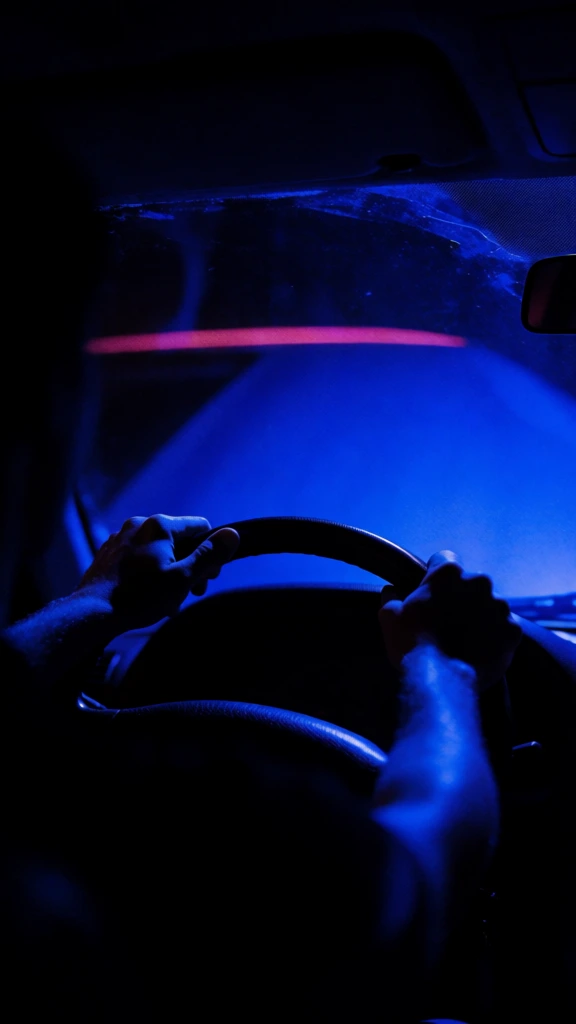 A pair of hands grips a steering wheel in the dark interior of a vehicle, illuminated by a vivid blue glow emanating from the front. Two silhouetted hands are positioned at the top left and right of the dark steering wheel, with the dashboard and interior surrounding them mostly obscured by deep shadows. In the center of the frame, an intense and saturated blue light fills the area beyond the steering wheel, reflecting off the glass of the windshield. A thin, horizontal streak of reddish-pink light sits atop a dark surface in the upper-middle section of the image, contrasting against the pervasive blue. The perspective is from behind the driver, looking forward into the darkness. The photograph features a high-contrast, moody aesthetic with a grainy texture and a limited color palette dominated by deep blacks and electric blue. The lighting is low and atmospheric, with the primary light source coming from ahead of the driver's seat, casting the foreground elements into sharp silhouette.