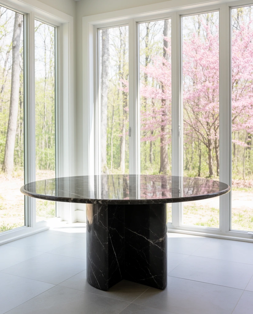 round dark polished marble table, thick semi-cylindrical black marble base with white veining, highly reflective stone surface, brightly lit sunroom, tall floor-to-ceiling windows, woodland background with pink blooming trees, light grey tile floor, bright natural daylight, minimalist interior photography