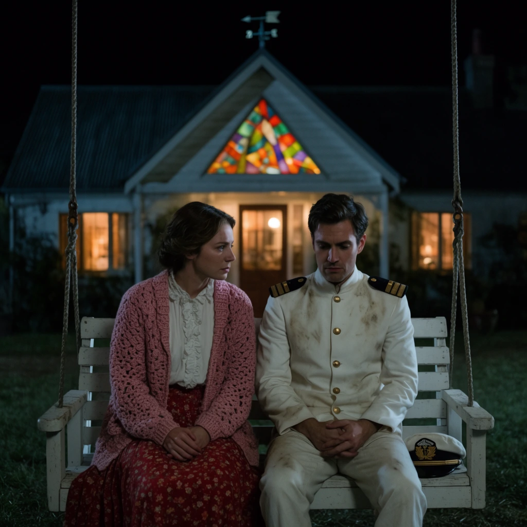 A man and a woman sit on a white wooden swing in a dark grassy yard at night. The woman wears a ruffled white blouse, a thick pink crocheted cardigan, and a red floral skirt, gazing intently at the man. He wears a white naval-style uniform jacket adorned with gold buttons and dirt smudges, looking downwards with a somber expression. A white captain's cap rests on the right swing frame. Behind them, a white building with a steeply pitched roof features warm glowing windows, a vibrant triangular stained-glass window, and a weather vane. Cinematic night lighting contrasts cool foreground illumination with the warm amber background glow.