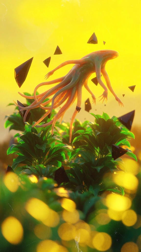 a translucent tentacled creature with slender limbs floating elegantly above dense emerald leafy plants and sharp floating obsidian triangles, bathed in intense golden hour backlighting, ethereal amber rim lighting, extremely shallow depth of field with soft yellow foreground bokeh, warm saturated tones, subtle light leaks, organic film grain, dreamy and surreal atmosphere, centered composition, subjects vertically oriented, low-angle perspective.