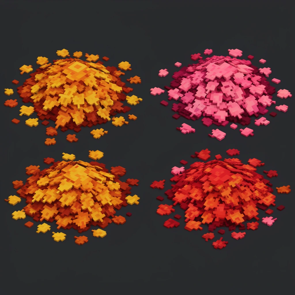 four voxel leaf piles, isometric perspective, orange yellow pink and red colors, 3D game assets, blocky pixelated textures, scattered pieces, dark background
