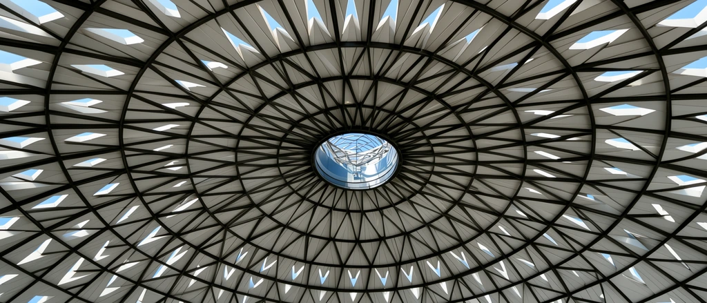 Architectural dome ceiling looking straight up, dark metal geometric lattice, concentric rings of white panels, V-shaped cutouts, central oculus showing blue sky, radial symmetry