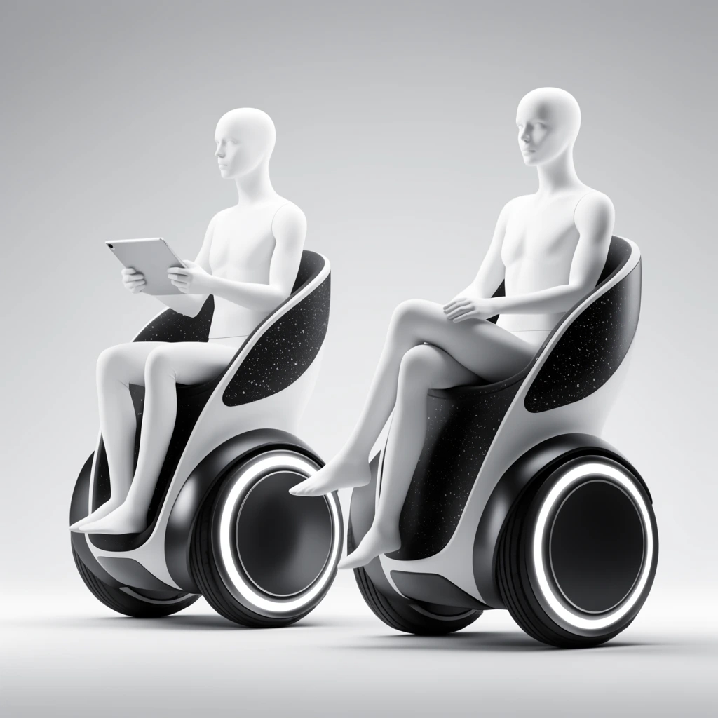 Two pure white, featureless mannequins sit in sleek, futuristic personal mobility pods against a soft grey gradient background. The self-balancing chairs feature a stark black and white exterior, speckled interior side panels, and large circular wheels with illuminated rims. The left mannequin holds a flat rectangular tablet, facing left, while the right mannequin sits with crossed legs, angled forward. This 3D product render uses clean studio lighting to highlight smooth, minimalist curves and modern industrial design.