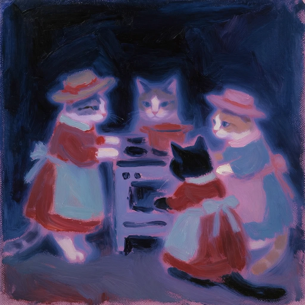 Three cats wearing dresses and hats gather near a stove, rendered as a moody, expressionist oil painting. The composition is defined by thick, impasto brushstrokes, visible canvas texture, and a dreamlike, flattened perspective. A deep, enveloping midnight blue dominates the heavy, shadowed background. The cats, their garments, and the stove are painted with broad, unrefined strokes of muted reds, pale blues, and soft pinks, exhibiting a hazy, ethereal purplish luminescent glow that separates them from the dark surroundings. Blurred, soft edges and a wet-on-wet paint application strip away fine detail, leaving a highly tactile, nocturnal atmosphere characterized by loose, sweeping gestures and a naive, melancholic color palette.
