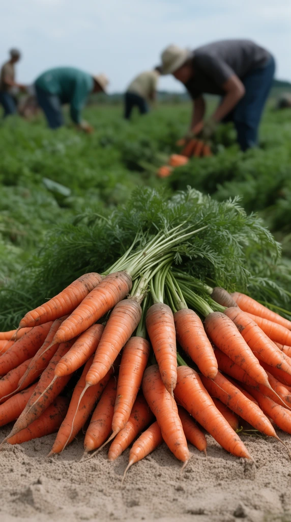 large pile of freshly harvested orange carrots with green leafy tops on sandy soil, sharp foreground focus, dirt textures, blurred background of farm workers bending and harvesting in a green agricultural field, natural daylight, shallow depth of field, documentary photography