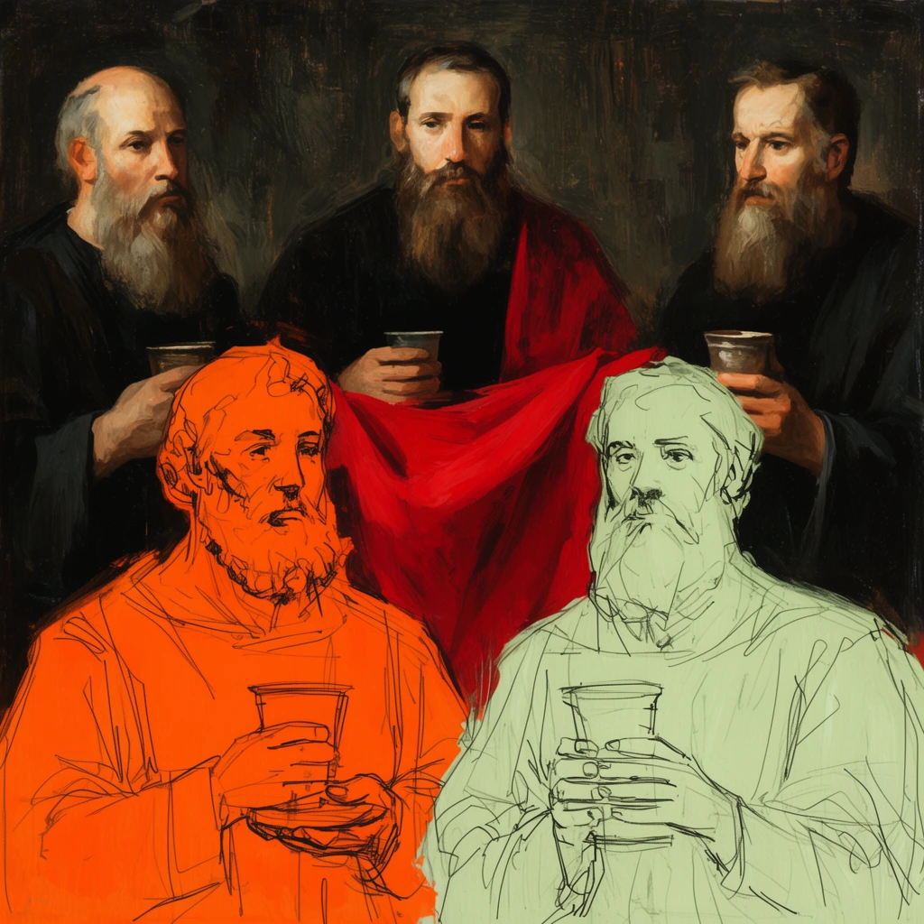 Three classically painted bearded men in dark robes holding cups, central red drape, two vivid sketch-style men in bright orange and pale green line art foreground holding cups, dark textured background, mixed media