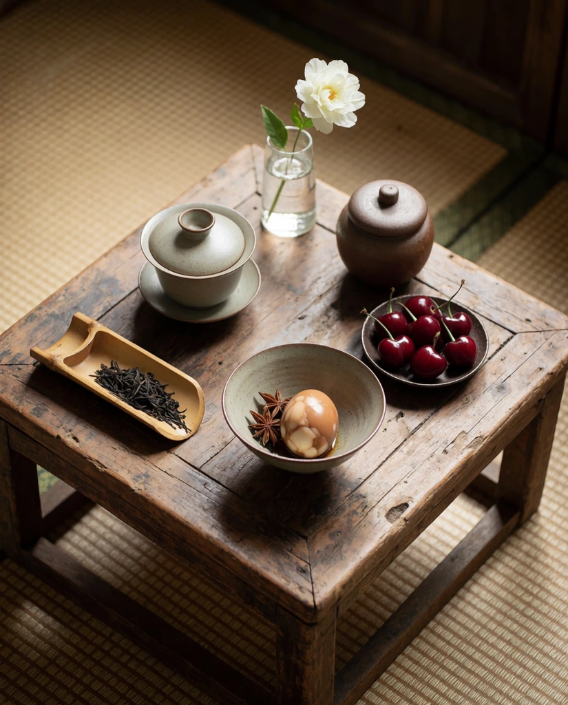 high-angle still life of a rustic tea ceremony on a weathered square wooden table, woven tatami mat floor, ceramic gaiwan, bamboo scoop with loose dark tea, bowl containing a brown tea egg and spices, plate of red cherries, single white flower in a glass vase, brown ceramic urn, earthy wabi-sabi aesthetic, warm natural lighting