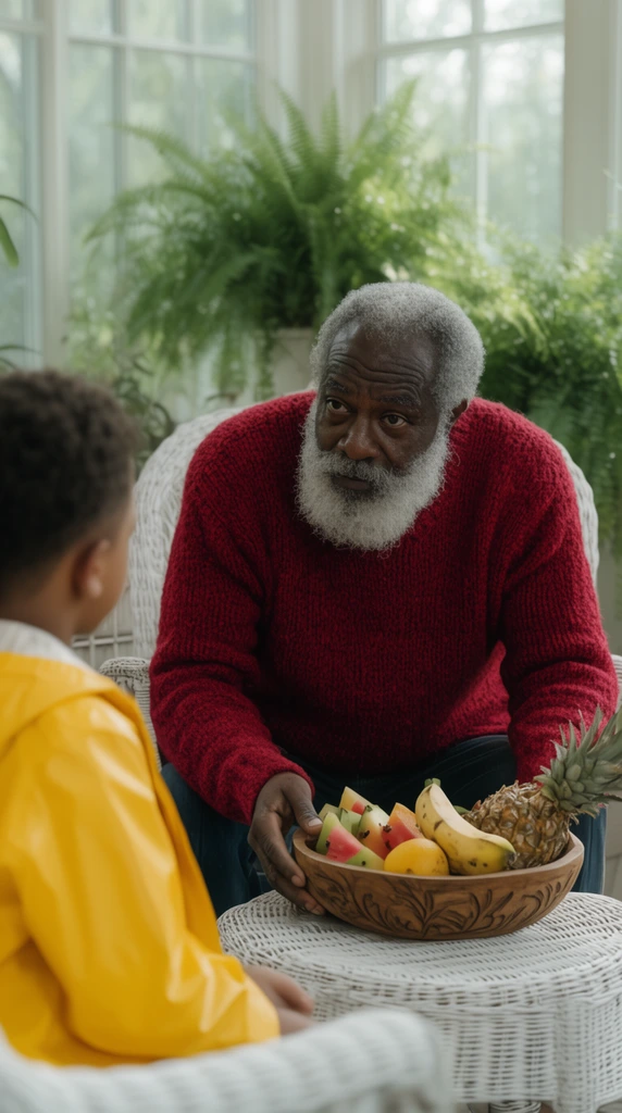 An elderly Black man with a thick silver beard leans forward in a white wicker chair, offering tropical fruit from a carved wooden bowl. He wears a heavy crimson knitted sweater, gazing intently at a soft-focus figure in the foreground. Framed from behind on the left edge, a young boy in a bright yellow raincoat sits facing him. The cinematic scene unfolds in a bright sunroom bathed in diffused daylight, with lush potted ferns softly blurred behind the man.