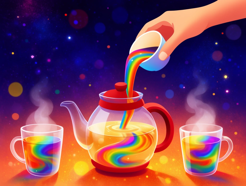 A hand pours a vibrant liquid rainbow from a small cup into a transparent glass teapot with red accents. The rainbow stream swirls into golden liquid inside the central pot. Two clear glass mugs flank the teapot, containing steaming, rainbow-marbled tea. The magical cosmic background transitions from deep starry indigo to a warm, glowing orange surface. Floating bokeh orbs and tiny stars populate this stylized digital illustration, characterized by smooth gradients and highly saturated colors.