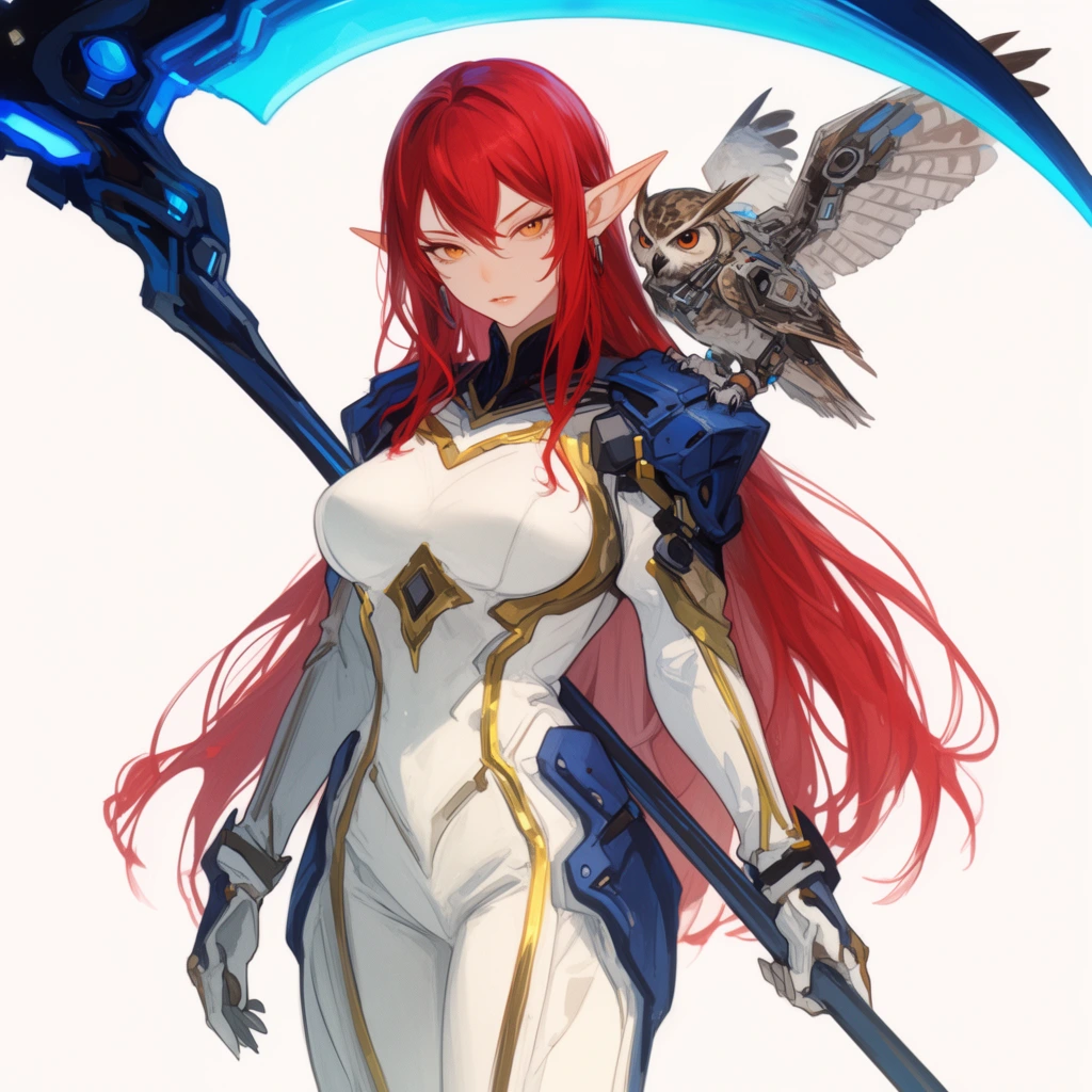Anime-style illustration of an adult elven woman against a stark white background. She features flowing crimson hair, sharp amber eyes, and pointed ears. She wears a sleek white and gold futuristic tactical suit with dark blue armor plating. A detailed mechanical owl perches on her left shoulder. She grips a massive glowing blue scythe extending diagonally across the frame. The composition uses soft cel-shading, delicate linework, and high contrast between bright neon accents and negative space.