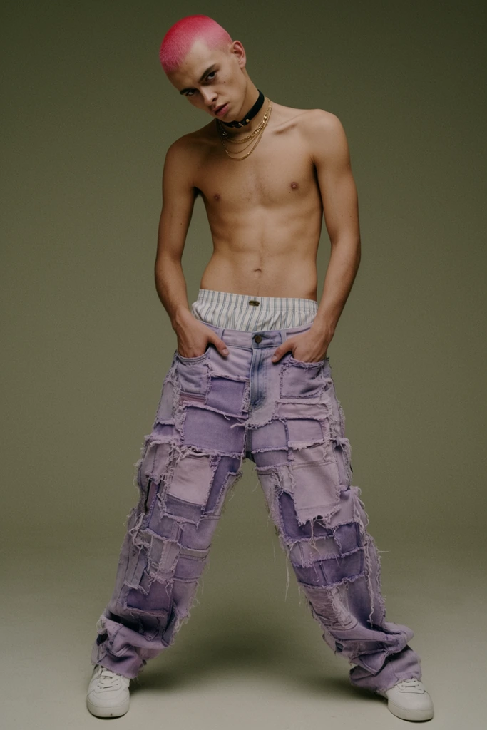 A shirtless young man with a bright pink buzz cut stands against a minimalist olive-grey studio backdrop. He wears a black choker, layered gold chains, and severely distressed, oversized light purple patchwork jeans with frayed edges. White and blue striped boxers show above the unbuttoned waist, paired with white sneakers. His hands rest in his front pockets as he leans forward with a wide stance, tilting his head with an intense gaze. Soft, diffused studio lighting highlights his torso, creating an edgy, editorial fashion portrait with muted color grading.