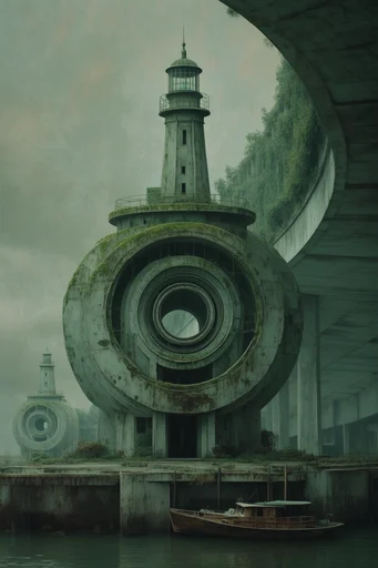 Reclaimed Brutalist Dystopia style reference image — diffuse overcast lighting