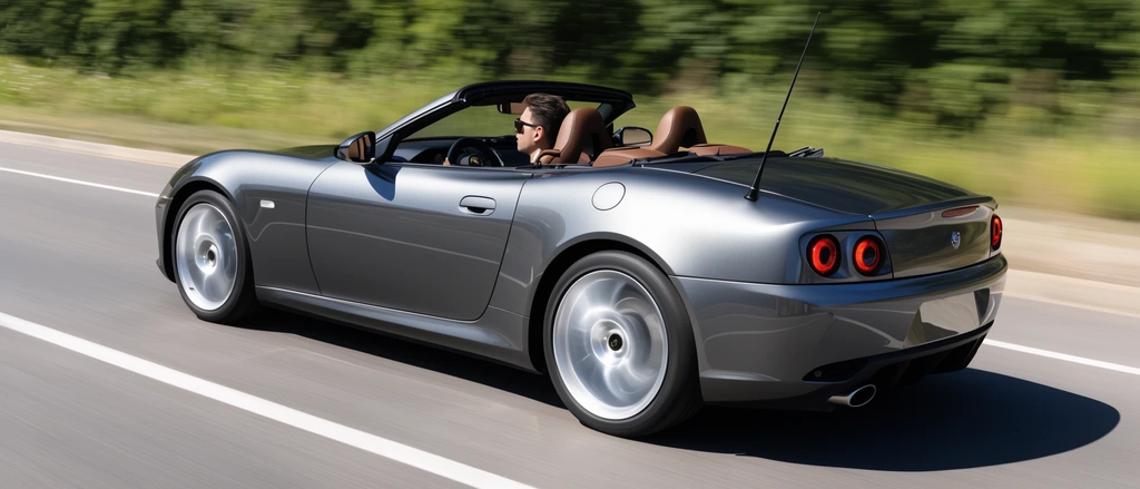 A sleek metallic gray convertible sports car speeds along an asphalt road in a dynamic rear three-quarter tracking shot. Intense motion blur streaks the spinning silver wheels, white lane lines, and background green trees. A driver with sunglasses sits in a brown leather bucket seat under bright natural daylight, highlighting the vehicle's curved aerodynamic body, dual circular taillights, and long rear antenna.