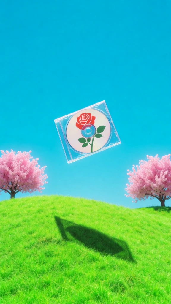 minimalist surrealist landscape, bright cyan sky, rolling neon green grassy hill, a clear plastic jewel case floating centrally in mid-air, internal compact disc featuring a graphic rose with green leaves, sharp trapezoidal shadow cast on the hillside, two fluffy pastel pink cherry blossom trees flanking the scene, high saturation, retro-futuristic dreamcore aesthetic, crisp edges, flat lighting, vibrant color palette, liminal space quality, surrealist dreamscape.
