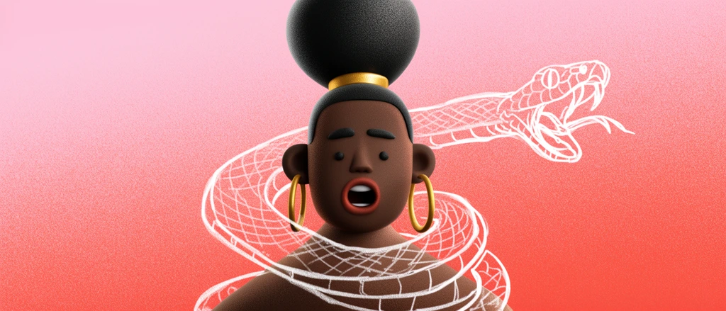 stylized 3D bust of a dark-skinned figure with open mouth, high bun with gold band, gold hoop earrings, overlaid with a rough white 2D sketch of a coiled fanged snake, pink to coral red gradient background, heavy stipple grain texture, mixed media