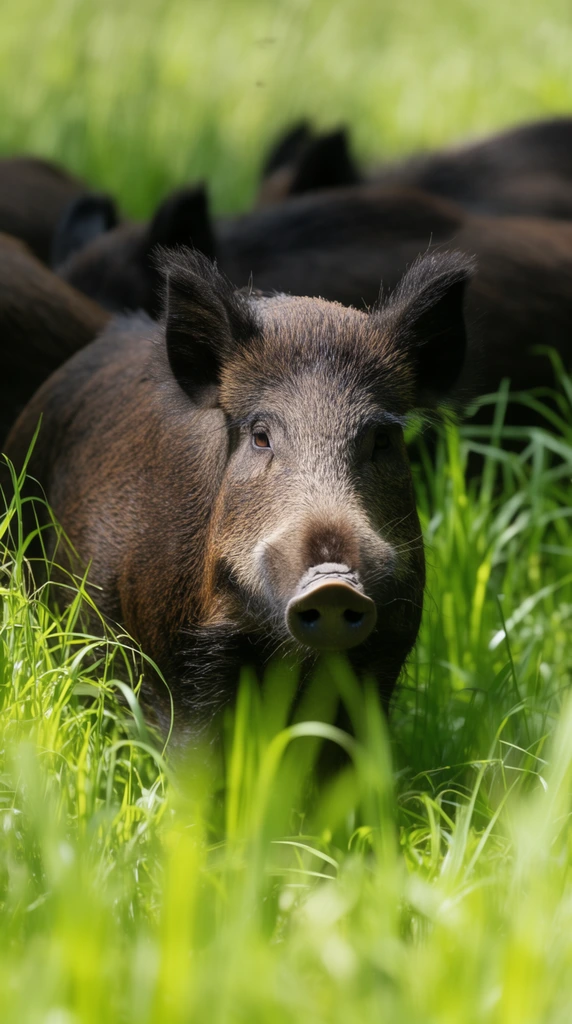 dark brown wild boar in tall vibrant green grass, looking directly forward, sharp focus on snout and perked ears, blurred grass blades in extreme foreground, several dark boar backs partially obscured in the out-of-focus background, shallow depth of field, bright natural daylight, telephoto wildlife photography