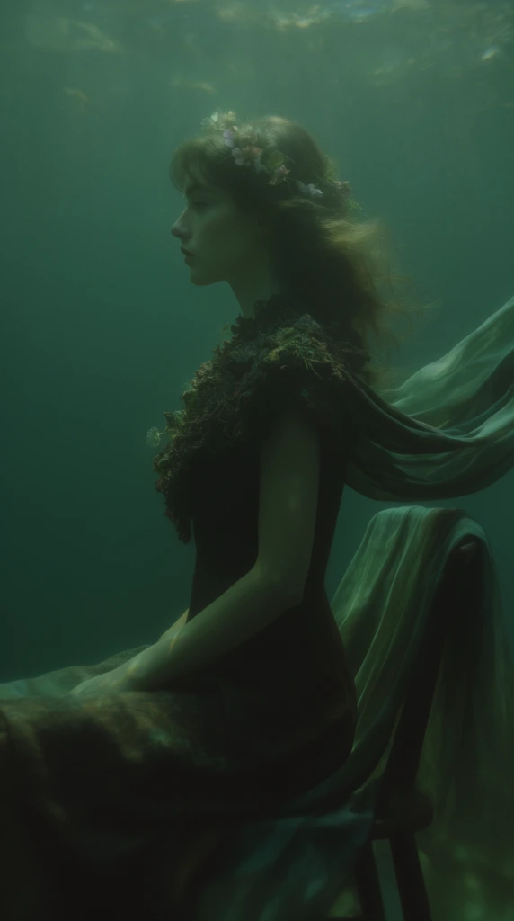A woman seated in profile facing left against a plain, empty background, rendered in an ethereal, deep underwater photography style bathed in saturated emerald, jade, and dark teal hues. She wears a dark dress featuring a heavily textured, organic collar, with small flowers woven into her gently undulating hair. A draped fabric shawl cascades fluidly behind her, resting over the back of the chair she occupies, its folds appearing weightless and suspended in the atmospheric medium. Soft, diffused volumetric light filters down from the upper edge, casting subtle caustic reflections and a gentle luminescence across her skin and the dark material. The composition employs a hyper-realistic magical realism aesthetic, utilizing a deeply monochromatic green color palette, soft-focus ambient depth, and an interplay of earthy textures against smooth, floating drapery to establish a dark, surreal, and deeply moody visual atmosphere.