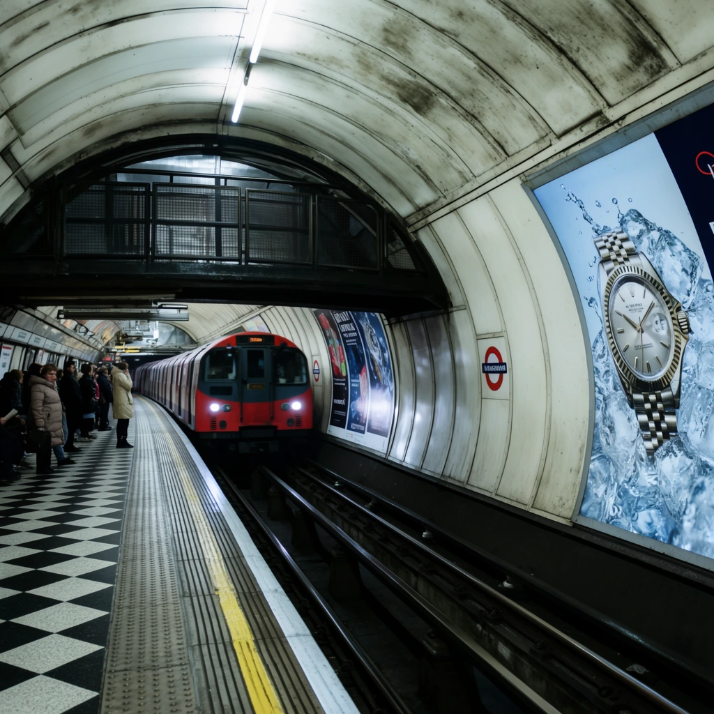 A red and dark grey subway train arrives at a cylindrical underground station platform. On the left, commuters in winter coats wait along the yellow safety edge of a black and white checkered floor. The right wall curves steeply overhead, paneled in off-white and punctuated by circular red-ringed signs and large illuminated advertising posters, including one featuring a wristwatch encased in splashing ice water. Above the tracks, a dark arched walkway is enclosed by metal railings. Photographed with a wide-angle lens, the composition emphasizes the deep perspective and curved geometry of the tunnel, with cool-toned artificial lighting highlighting the grime-stained ceiling and gleaming metal rails.