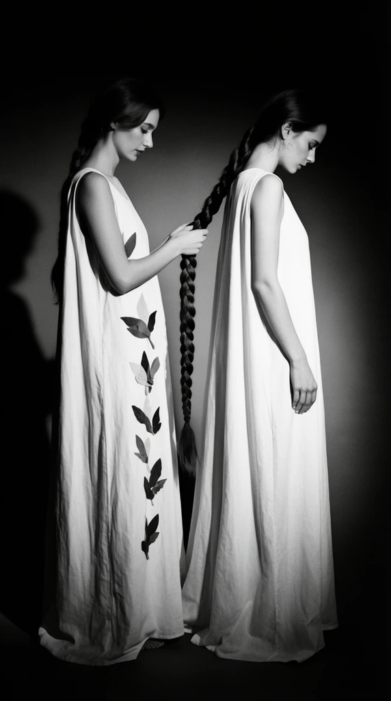 Two women in long loose white sleeveless dresses stand in profile against a dark studio background in a high-contrast black and white photograph. The woman on the left faces right, holding a thick section of the incredibly long floor-length braided hair of the second woman. The second woman stands slightly ahead with her head bowed. The first woman's dress features stylized dark leaf appliqués down its side. Dramatic spotlighting illuminates their pale garments, creating deep chiaroscuro and casting a strong shadow on the backdrop to the left, emphasizing the intimate and sculptural posing.