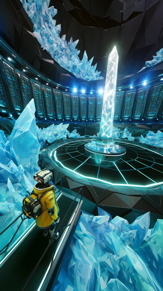 A robotic explorer in a yellow coat stands on a suspended walkway overlooking a colossal futuristic data cavern. The cylindrical chamber features dark, angular metallic plating intersected by massive formations of jagged, translucent ice-blue crystals. Glowing cyan light strips illuminate the edges of a central circular platform, forming a stark geometric grid over a dark abyss. A tall obelisk pulses with bright white energy at the core, surrounded by curving walls lined with enormous servers and intense blue spotlights. Rendered in a sharp, stylized 3D aesthetic with high-contrast lighting, a vibrant teal and deep black palette dominates the scene. A high-vantage, wide-angle perspective creates a dizzying sense of scale, highlighting the fragmented crystalline architecture.