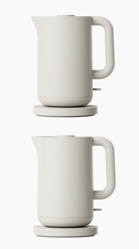 orthographic product layout of a minimalist matte off-white electric kettle, top front side and back profiles, solid cylindrical body, subtle pouring spout, thick D-shaped handle, separate circular base plate, clean modern industrial design, soft diffuse lighting, pure white background