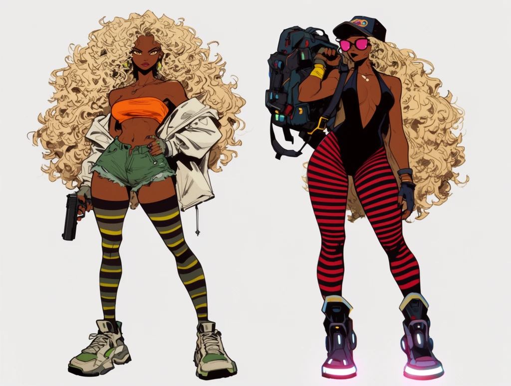two dark-skinned female characters with massive voluminous blonde curly hair side-by-side, cel-shaded comic book illustration on a flat white background, left figure wearing an orange bandeau, draped white jacket, green denim shorts, striped thigh-highs, chunky sneakers, holding a black handgun, right figure in a plunging black leotard, red and black striped leggings, futuristic boots with glowing soles, baseball cap, pink sunglasses, carrying a bulky mechanical backpack over one shoulder, confident poses, 90s streetwear fashion aesthetic, bold line art, stylized proportions