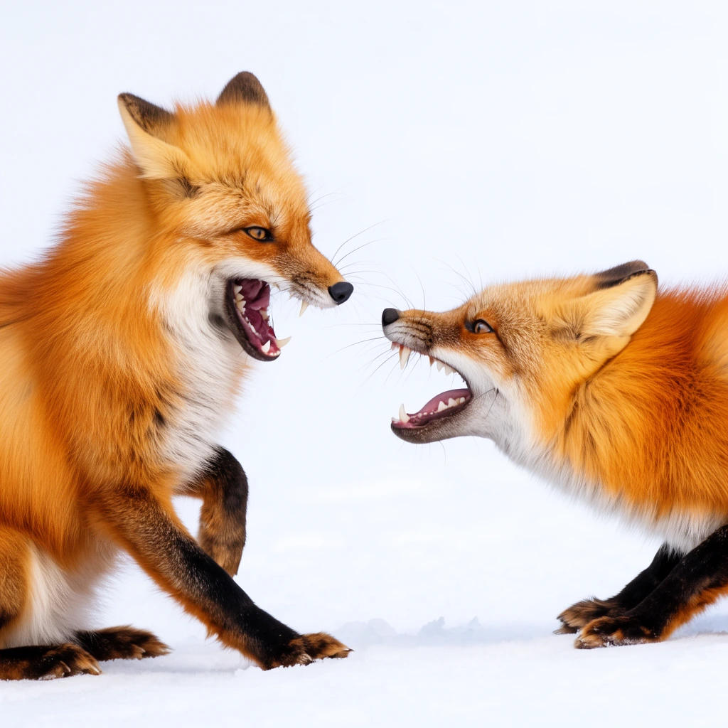 two snarling red foxes facing each other on pure white snow, vibrant orange fur, one seated with raised paw, one crouching forward, open mouths baring teeth, sharp wildlife photography