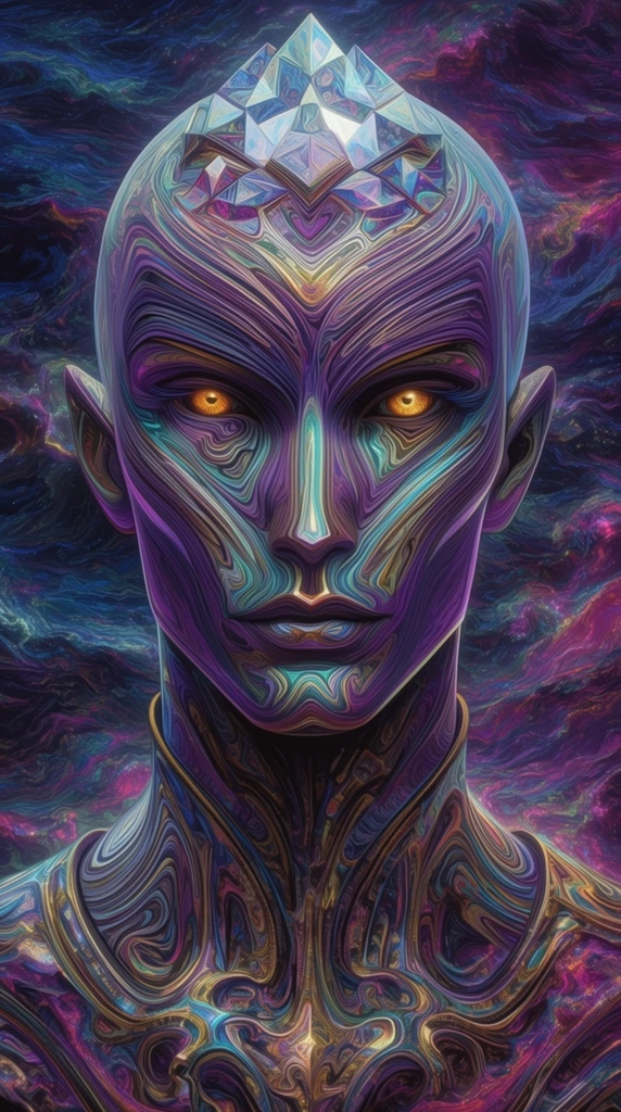 A highly stylized portrait of an androgynous celestial being constructed from intricate, swirling topological lines. The figure features elongated angular cheekbones, piercing glowing amber eyes, and a smooth head topped with a geometric crystalline crown. Complex, undulating ridges of vivid purple, cyan, and gold contour the face, creating a deeply textured effect resembling liquid metal. The being wears an ornate, biomechanical collar flowing directly into a turbulent, psychedelic background. A chaotic sea of dark blue and magenta cosmic waves surrounds the subject, illuminated by ethereal bioluminescence that blends surrealism with hyper-detailed digital rendering.