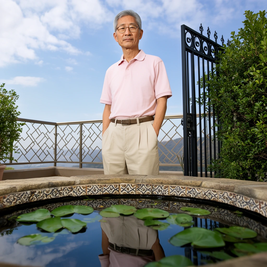low angle outdoor portrait of an older Asian man, short grey hair, glasses, light pink polo shirt, beige pleated pants, hands in pockets, foreground circular stone pond with green lily pads, still dark water reflecting his body and the sky, patterned tile rim, balcony with geometric metal lattice railing, black iron gate, green bushes, distant hazy hills, blue sky with scattered clouds, bright natural daylight, sharp focus