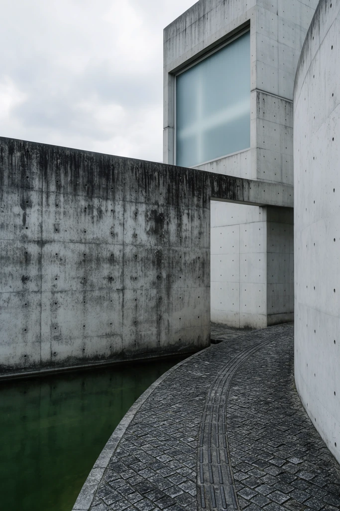 Imposing brutalist architecture defined by geometric volumes of exposed concrete beneath an overcast sky. A massive left wall, heavily stained with dark moisture patterns and punctuated by a grid of recessed formwork holes, borders a tranquil, dark green pool of water. Beside the pool, a curving pathway paved with textured dark cobblestones and tactile strips sweeps inward, passing through a rectangular aperture in the concrete toward a towering structure featuring a large frosted glass window. On the right, a pristine, curved concrete wall contrasts sharply with the weathered surfaces opposite. Soft, diffused natural lighting enhances the cool, monochromatic grey palette and austere atmosphere, capturing the precise interplay between rigid rectilinear forms, regular circular tie holes, and the graceful sweep of the stone walkway.