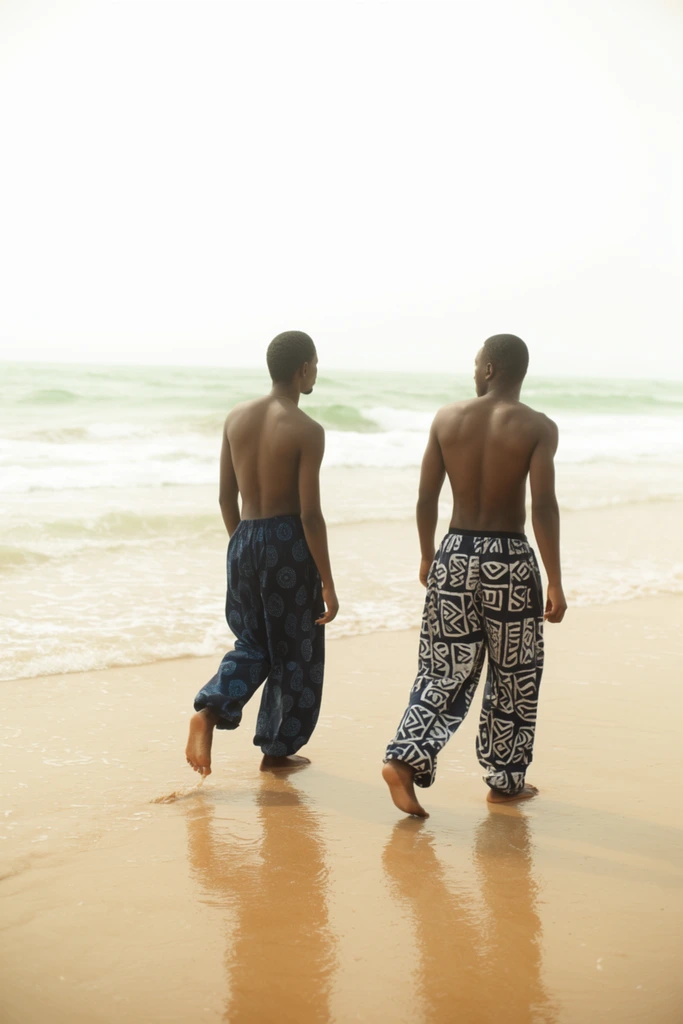 Two shirtless Black men walk away across a glossy, wet sandy beach toward pale green ocean waves. The man on the left lifts a bare foot above the shallow surf, wearing baggy dark blue pants with circular patterns. His companion wears loose pants featuring bold white geometric designs. Their figures cast soft reflections on the ground under a luminous, overexposed white sky, creating a hazy, atmospheric photographic style.